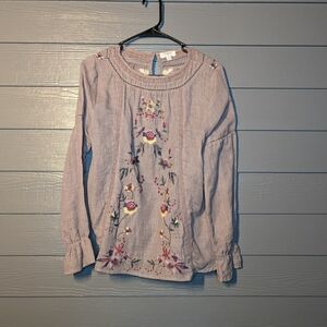 Hippie Boho Peasant Oatmeal Top With Floral Embroidered Print